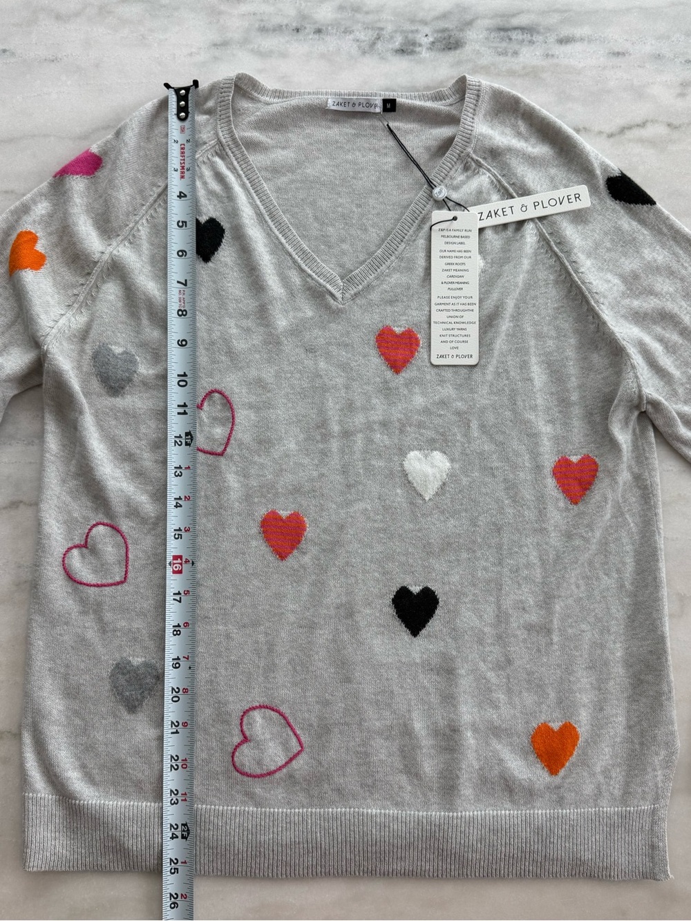 Zaket & Plover NWT Heart Print Cashmere Cotton Sweater V Neck Size M - Picture 5 of 9